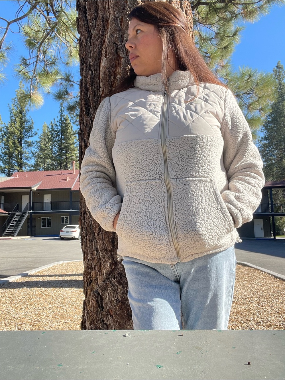 New Balance Cream Sherpa Quilted Yoke Zip Jacket